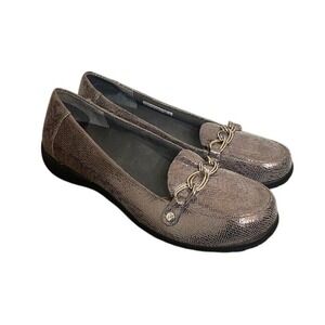 Vionic Snake Print Gray Metallic Leather Loafers Shoes Chain Detail Womens SZ 11
